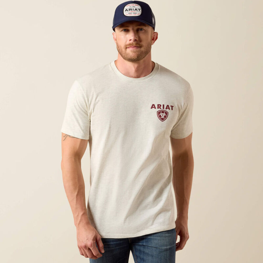 NWT Ariat Men's Trucker Freedom Flag T-Shirt in Oatmeal Heather sz Medium